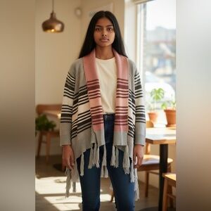 Full Tilt Gray Orange Southwest Boho Fringe Long Sleeve Cardigan Size M